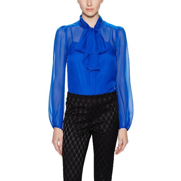 Diane Von Furstenberg Jezebel Tie Neck Chiffon Sheer Button Up Blouse Blue 6 - Picture 1 of 12